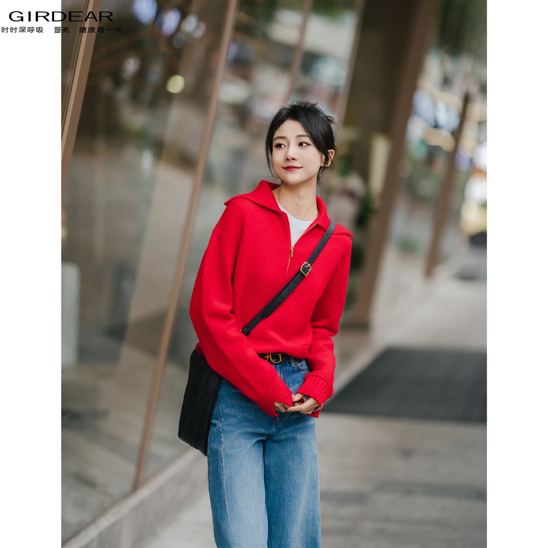 GIRDEAR/哥弟百搭气质氛围感学院风半拉链翻领宽松毛衣 1399674