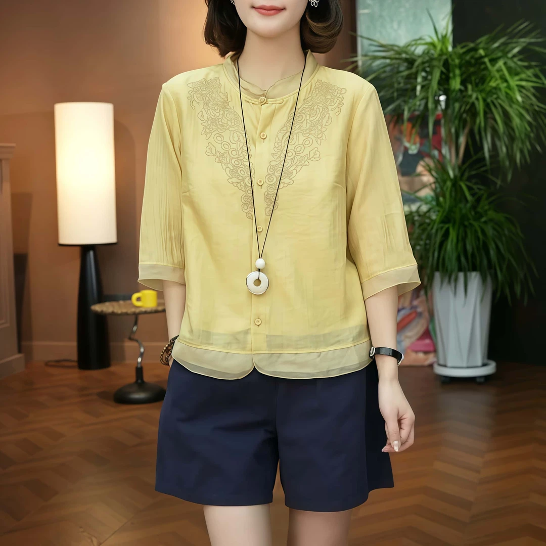 夏季潮流新中式薄款衬衫女2025新款时尚刺绣设计洋气宽松圆领上衣