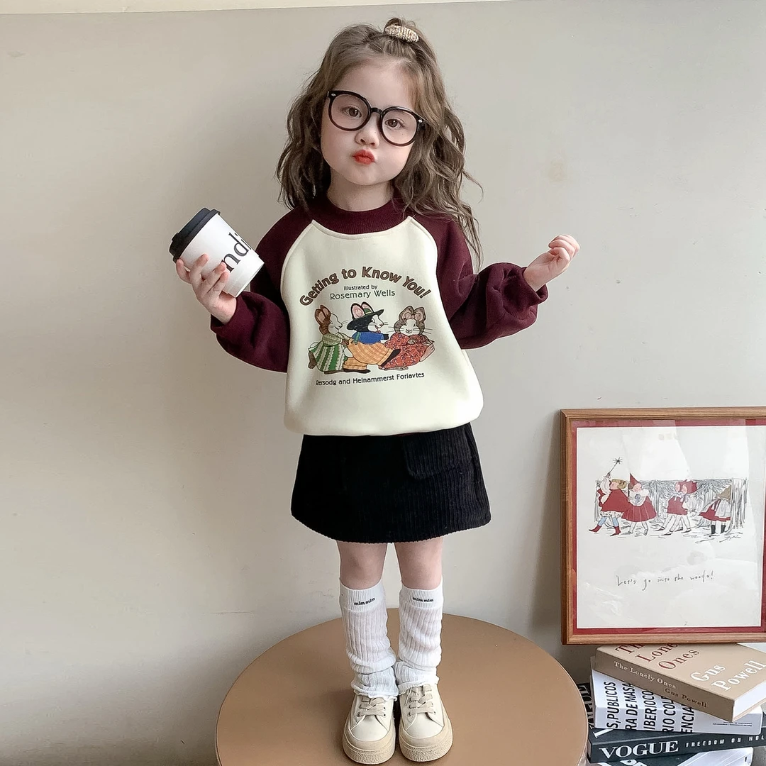 90-140女童加绒卫衣儿童秋冬装韩版卡通女宝宝冬季套头休闲上衣