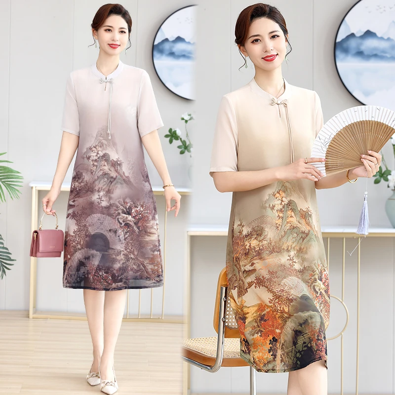 夏季母亲节雪纺短袖妈妈时尚薄款连衣裙中老年女装改良旗袍风裙子