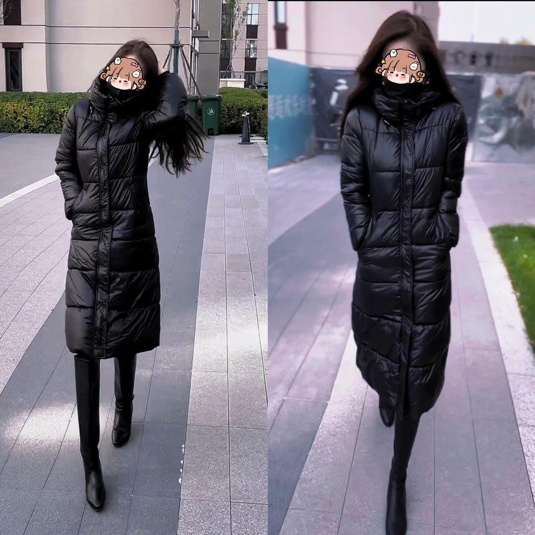 2025新款修身型保暖时尚女长款中长款过膝冬季连帽黑色棉服