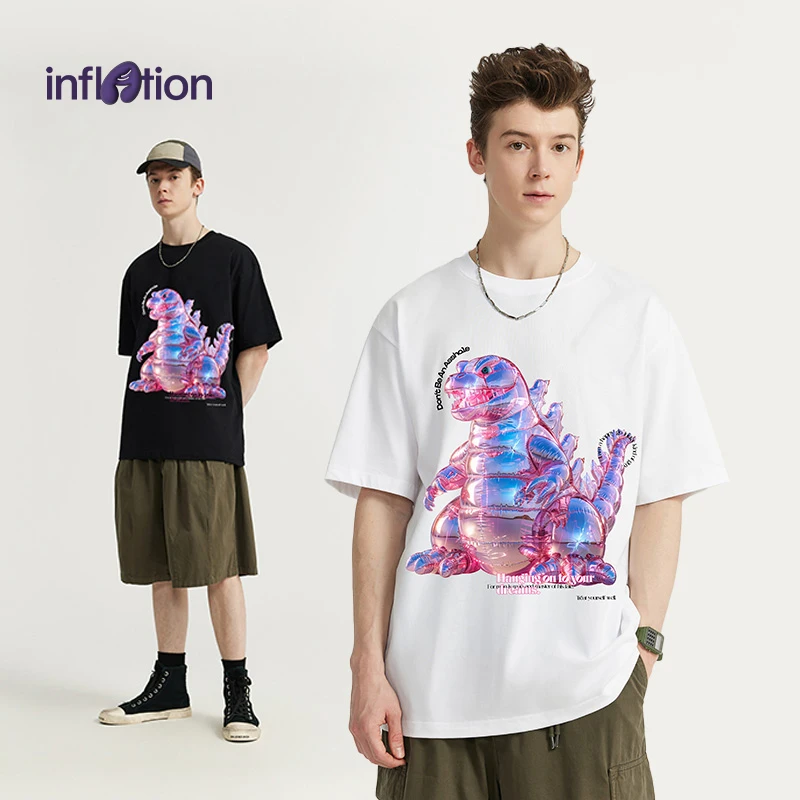 膨胀潮牌赛博恐龙夜光印花T恤美式短袖个性宽松日常百搭男女同款