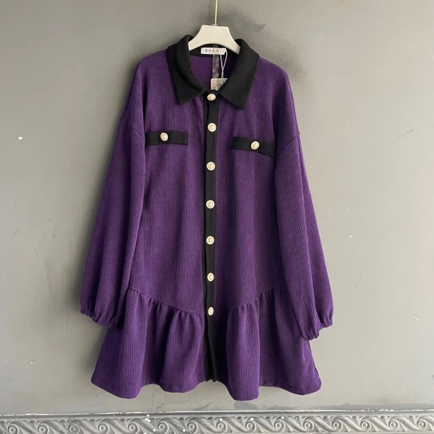 复古气质翻领单排扣长袖牛仔拼接显瘦遮肉时尚女装连衣裙