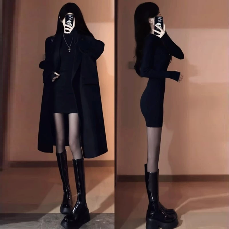 黑色包臀裙秋冬大衣内搭连衣裙女御姐穿搭配整套加绒加厚套装裙子
