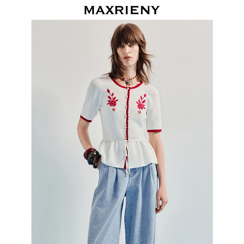 【蜜思仝】MAXRIENY精致撞色边边绣花毛针织衫25夏款甜美上衣高级