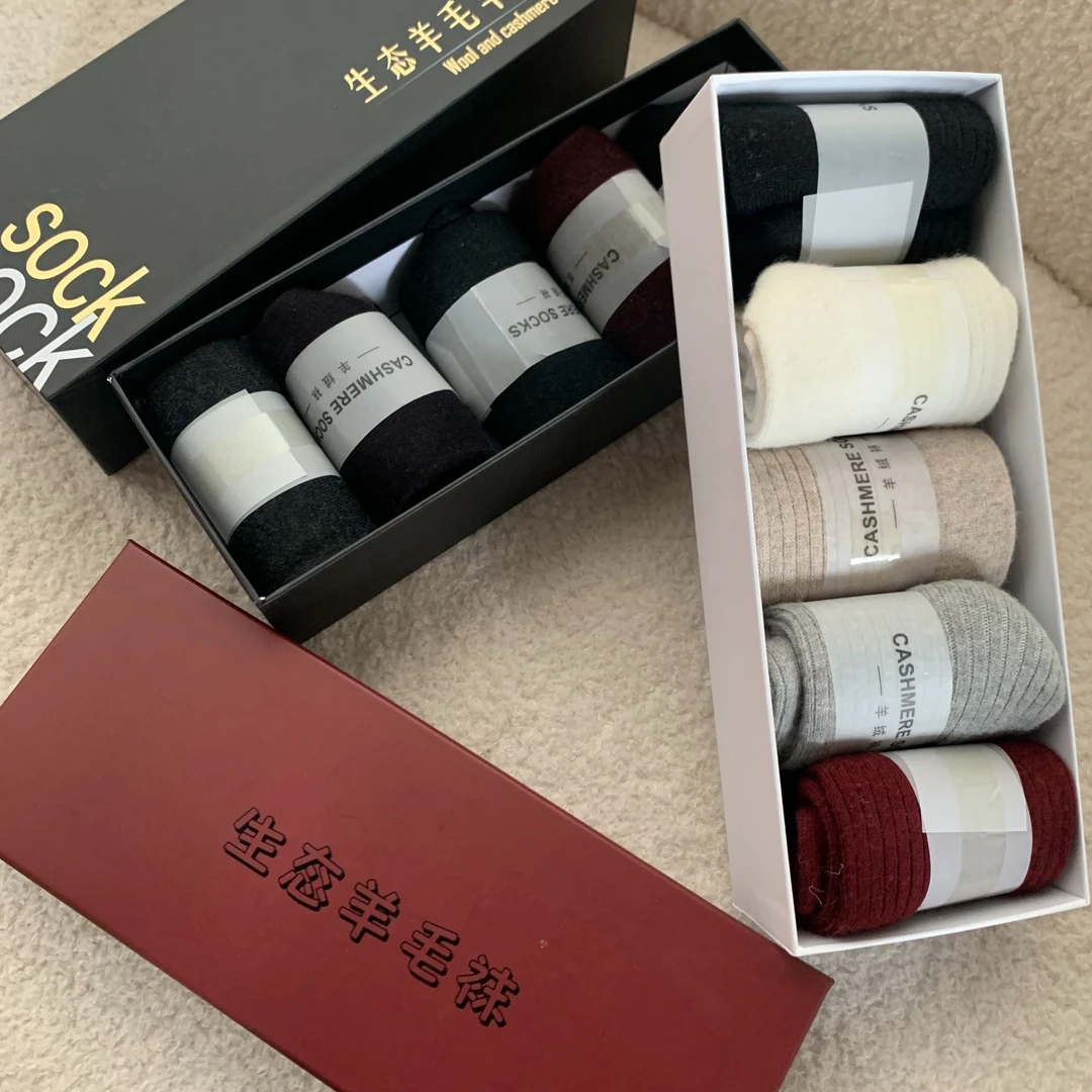 ROUHAN春秋款五双装混色羊毛袜防臭吸汗中筒袜加厚款百搭长袜女袜