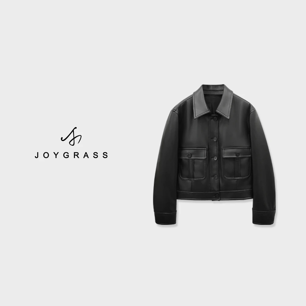 JOYGRSS乔伊简约潮流翻领秋冬拼接秋季皮外套PW-05071