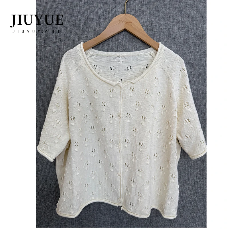 九月 Oni 白色镂空小花短款针织开衫上衣Y02016