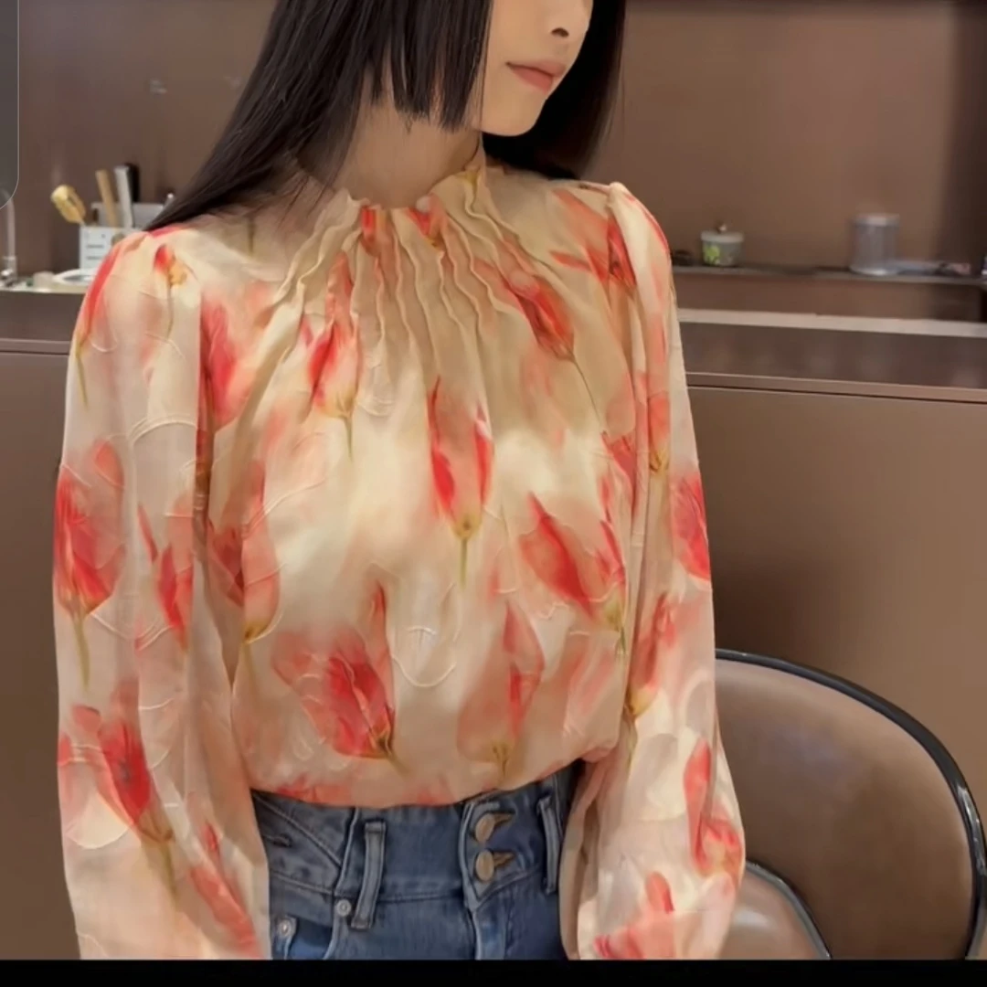 粉色晕染防晒衬衫法式雪纺上衣轻奢女装春夏季新款