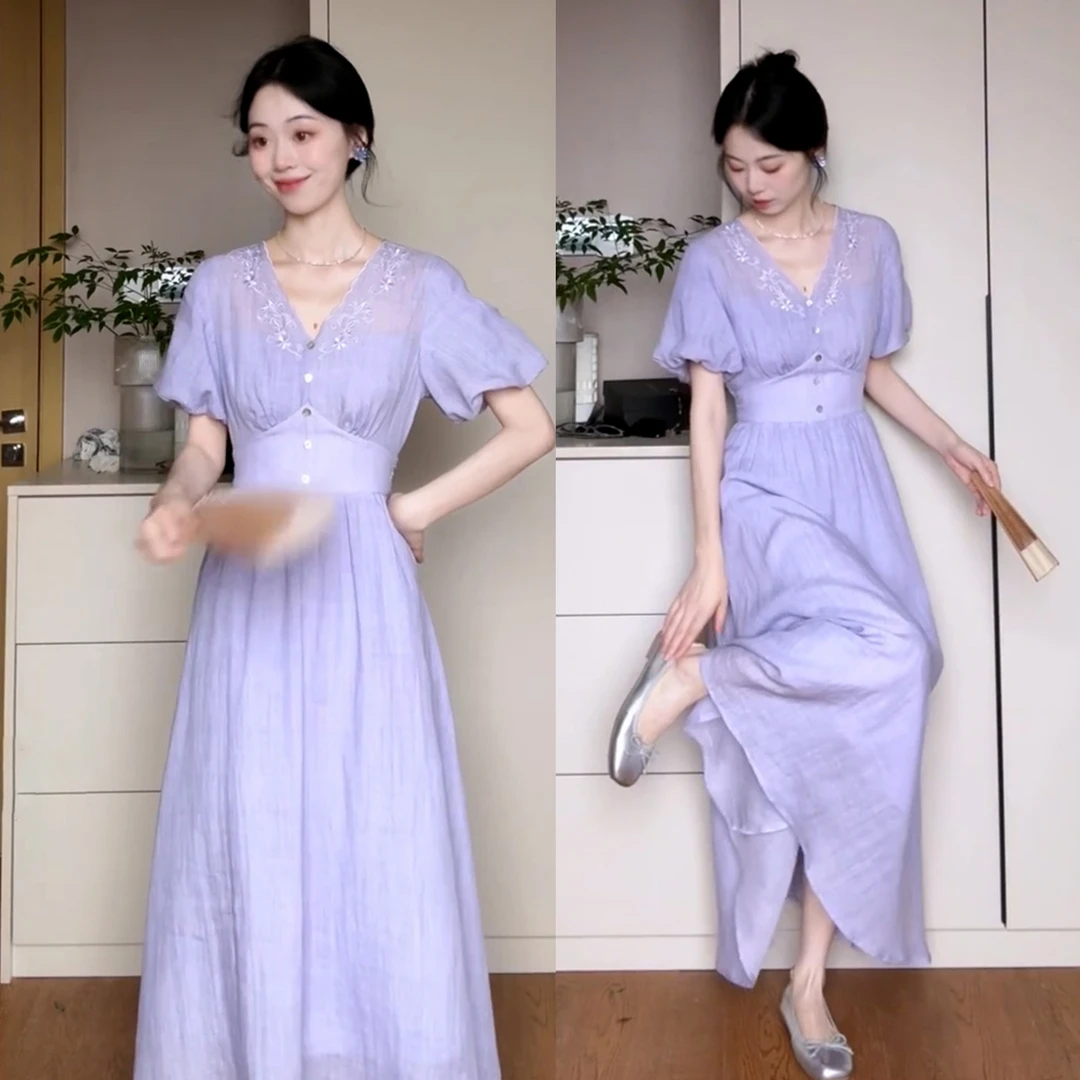 法式气质感v领连衣裙子夏季2025新款知性风温柔女装掐腰长裙套装