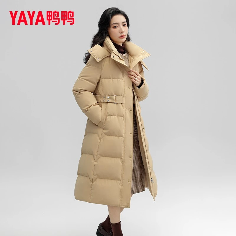 鸭鸭长款90鸭绒羽绒服女士2025冬季新款防风过膝保暖收腰连帽外套