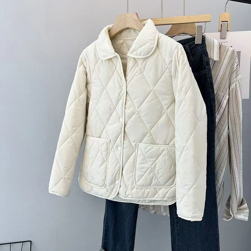 女士翻领棉服2025茉短款菱形格薄款夹棉秋冬外套棉衣8765