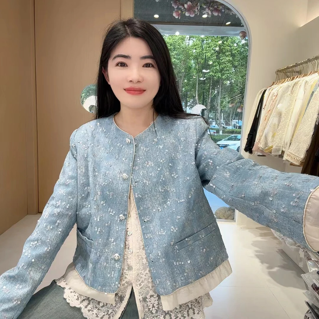 QC 253041 小香风蓝色圆领单排扣亮片拼接气质短外套