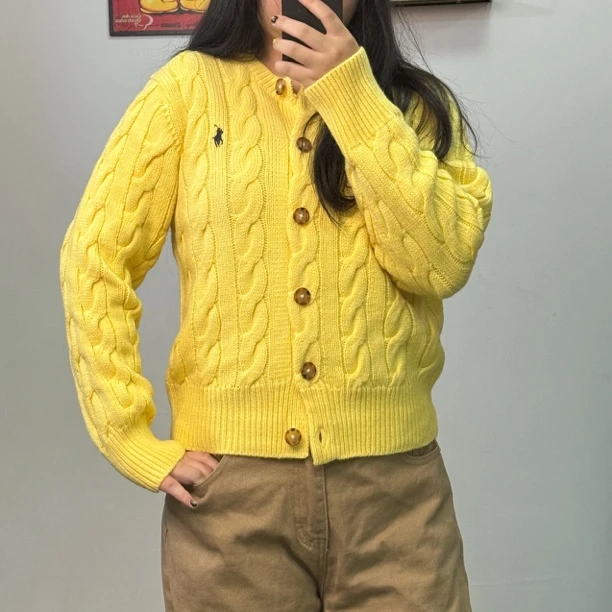 小马羊毛大麻花针织长袖开衫毛衣