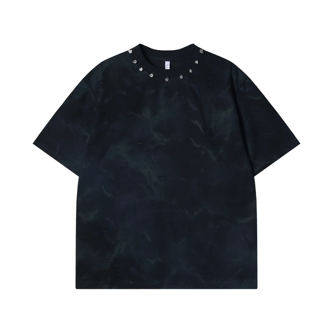 夏季高级感新款美式扎染领口立体装饰短袖T恤破洞高街百搭上衣