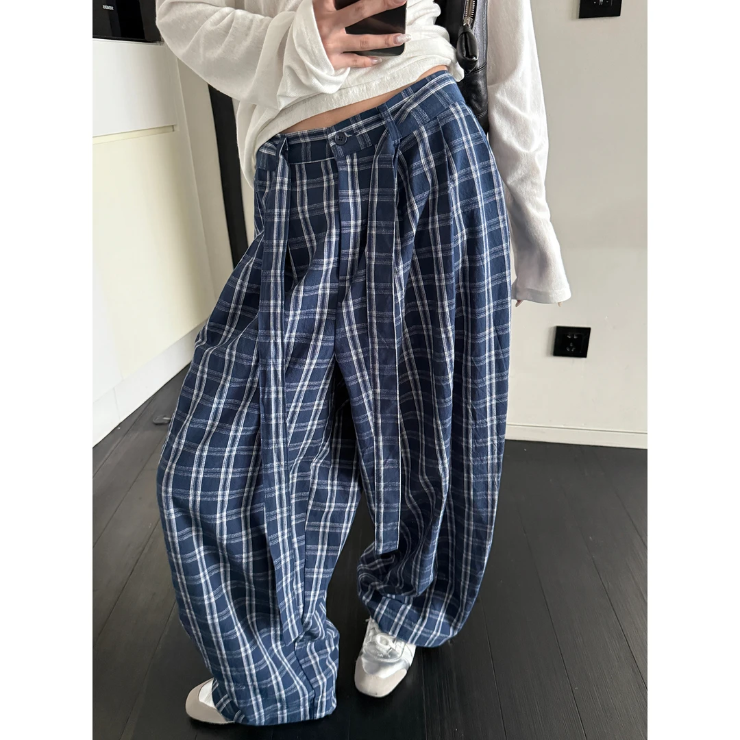 VUMP 搭配神器 深蓝色复古格纹弯刀阔腿裤宽松显瘦休闲裤春秋新款