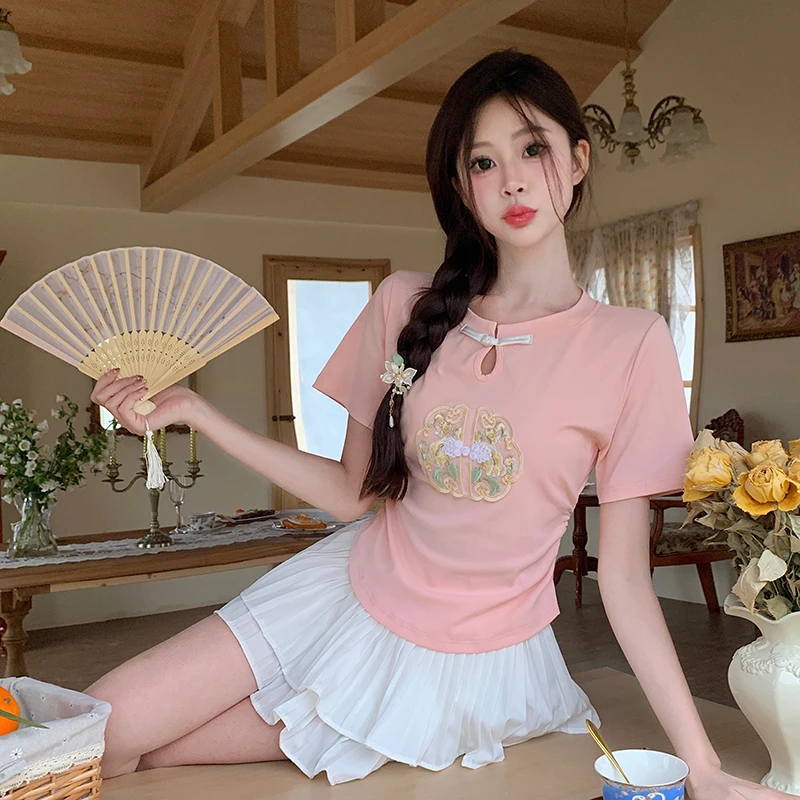 4037大码女装胖MM夏季时尚国风潮流新中式盘扣短袖上衣5612