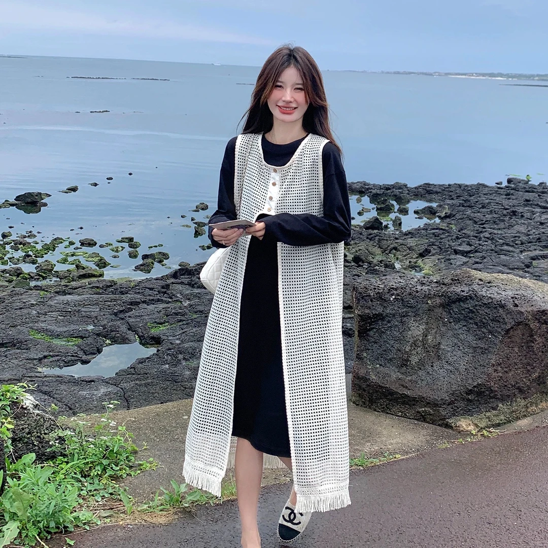 妮妮家5560田园风圆领衬衫连衣裙+流苏镂空背心裙套装