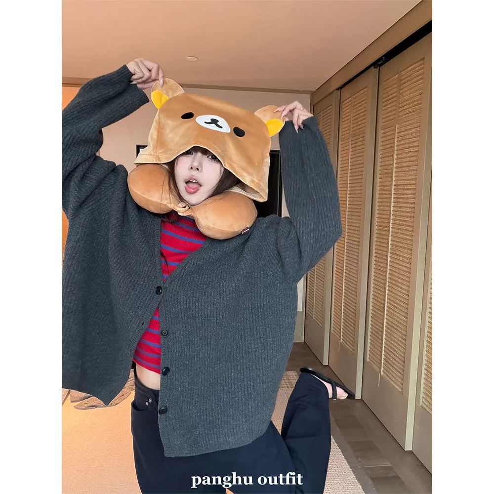 panghu2025FW【舒适主义】韩系高级感慵懒百搭V领针织毛衣外套