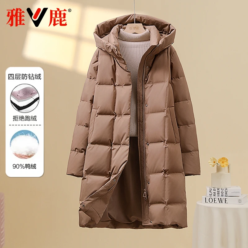 雅鹿2024冬季新款中长款加厚过膝羽绒服女通勤美拉德锁温保暖外套