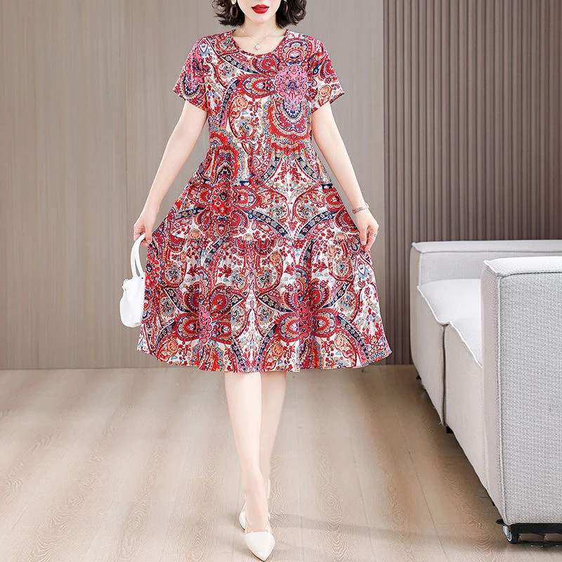 碎花连衣裙棉绸印花中年妈妈大码夏季新款显瘦洋气气质中长款裙子