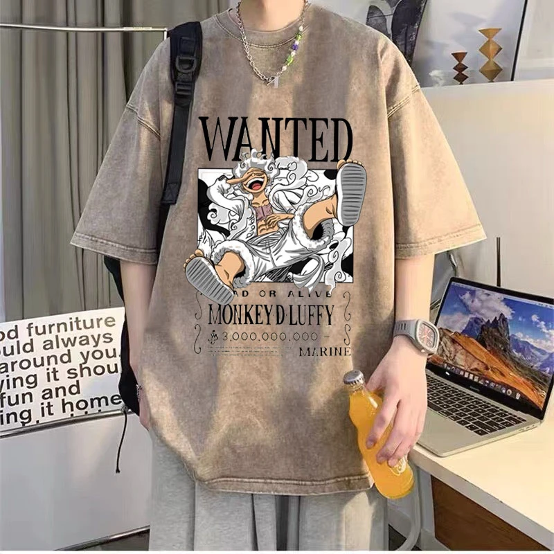 2025新款航海王五档路飞水洗做旧短袖t恤男夏季潮流oversize上衣