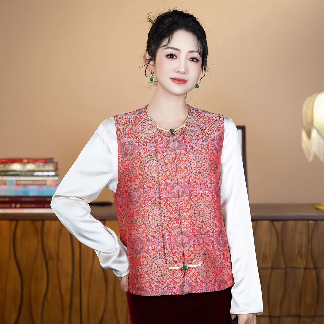 华裳格新中式上 久 楷青红八达晕正品宋锦圆领琵琶襟马甲HS1162