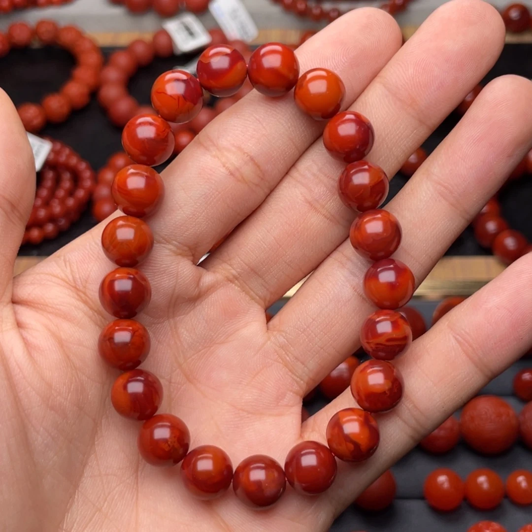 南红玛瑙未镶嵌手串H9.6mm满肉妖孽牛血火焰手串
