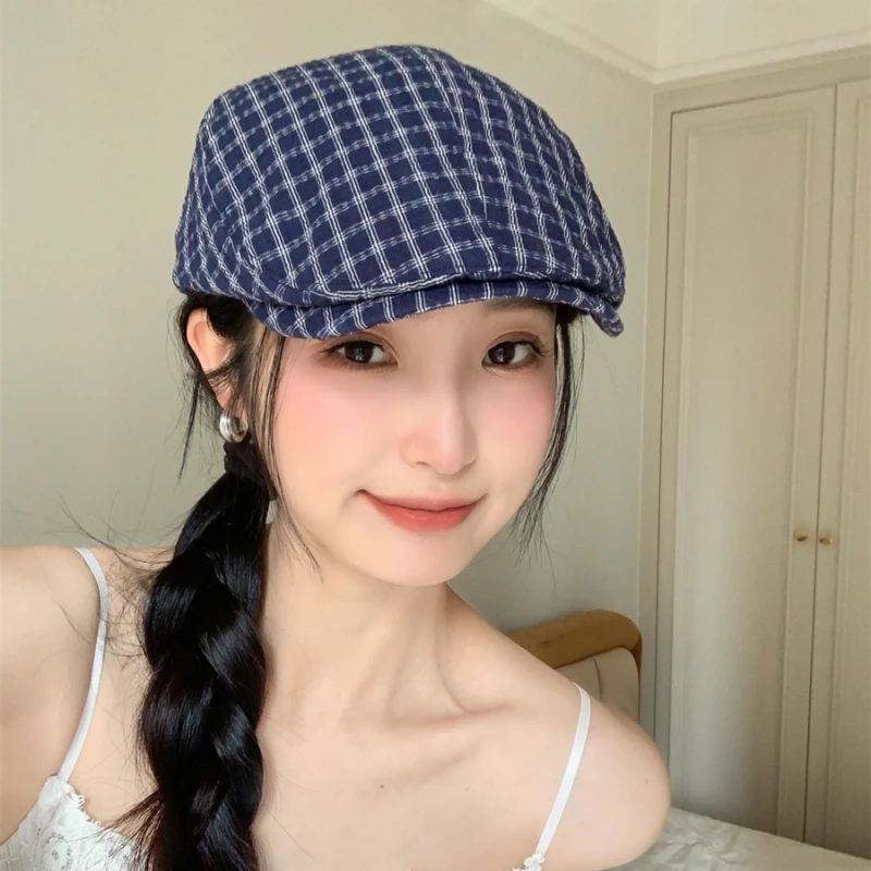 早春新款格纹复古气质前进帽女日系ins甜美百搭时尚反戴贝雷帽潮