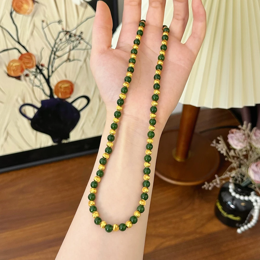 XL3771 新中式碧小玉条纹珠项链 中式国风大气两戴款