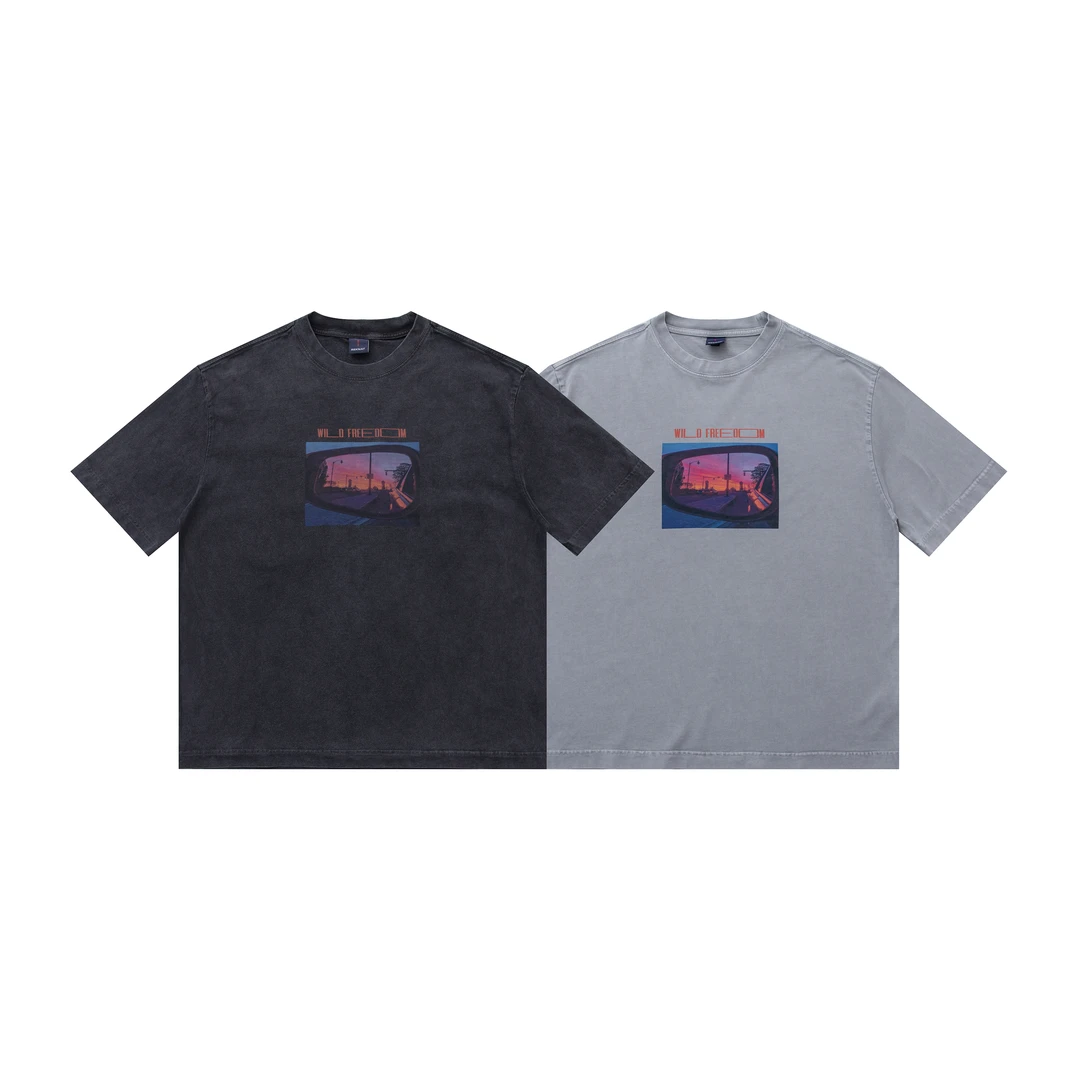 BOGEDIT2025夏季新款男士后视镜印花T恤百搭宽松情侣圆领休闲短袖