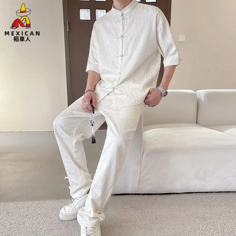 稻草人2025新款复古新中式盘扣短袖衬衫套装立领提花设计休闲衬衣