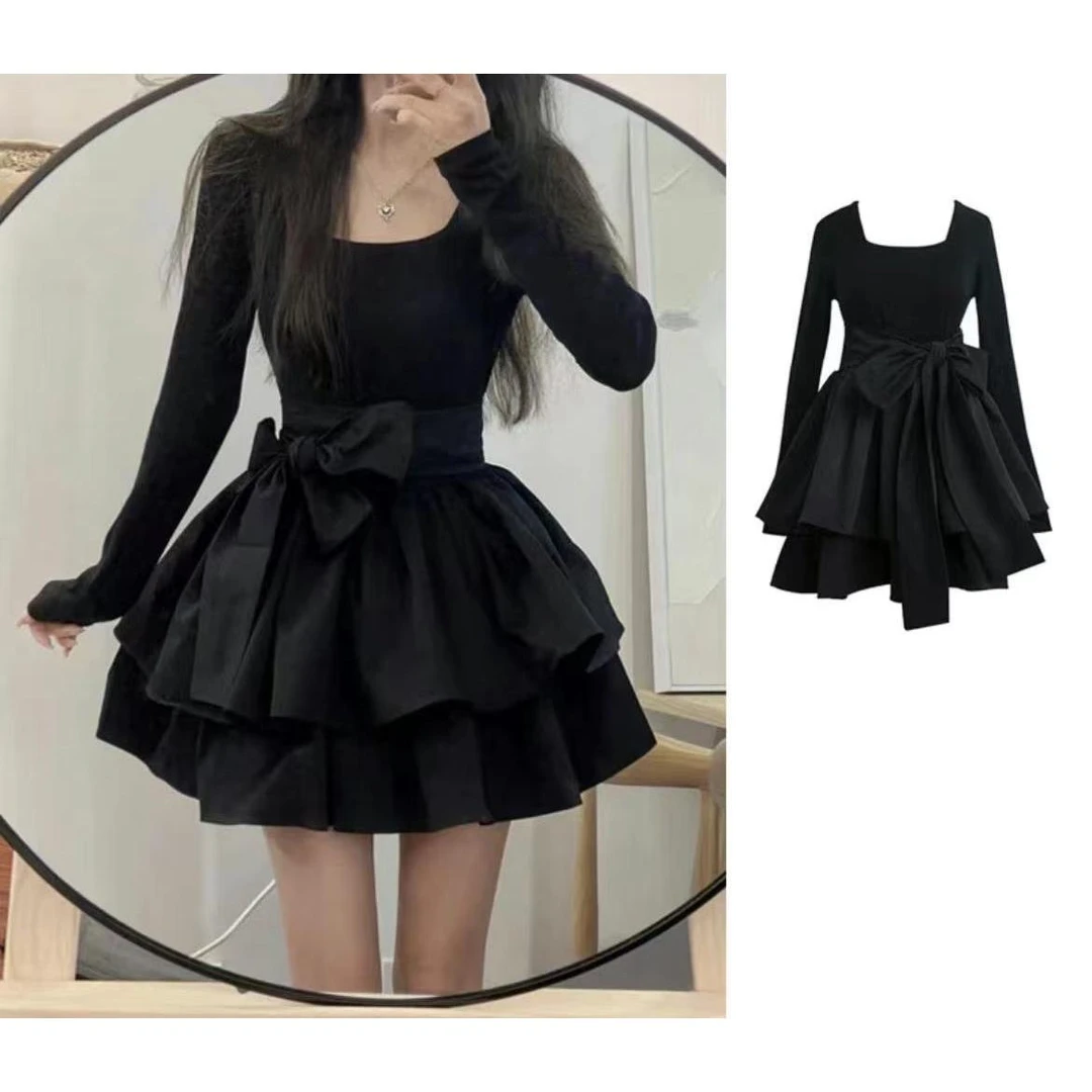 【老四推荐】赫本风黑天鹅法式显瘦收腰小黑裙蓬蓬公主裙1010