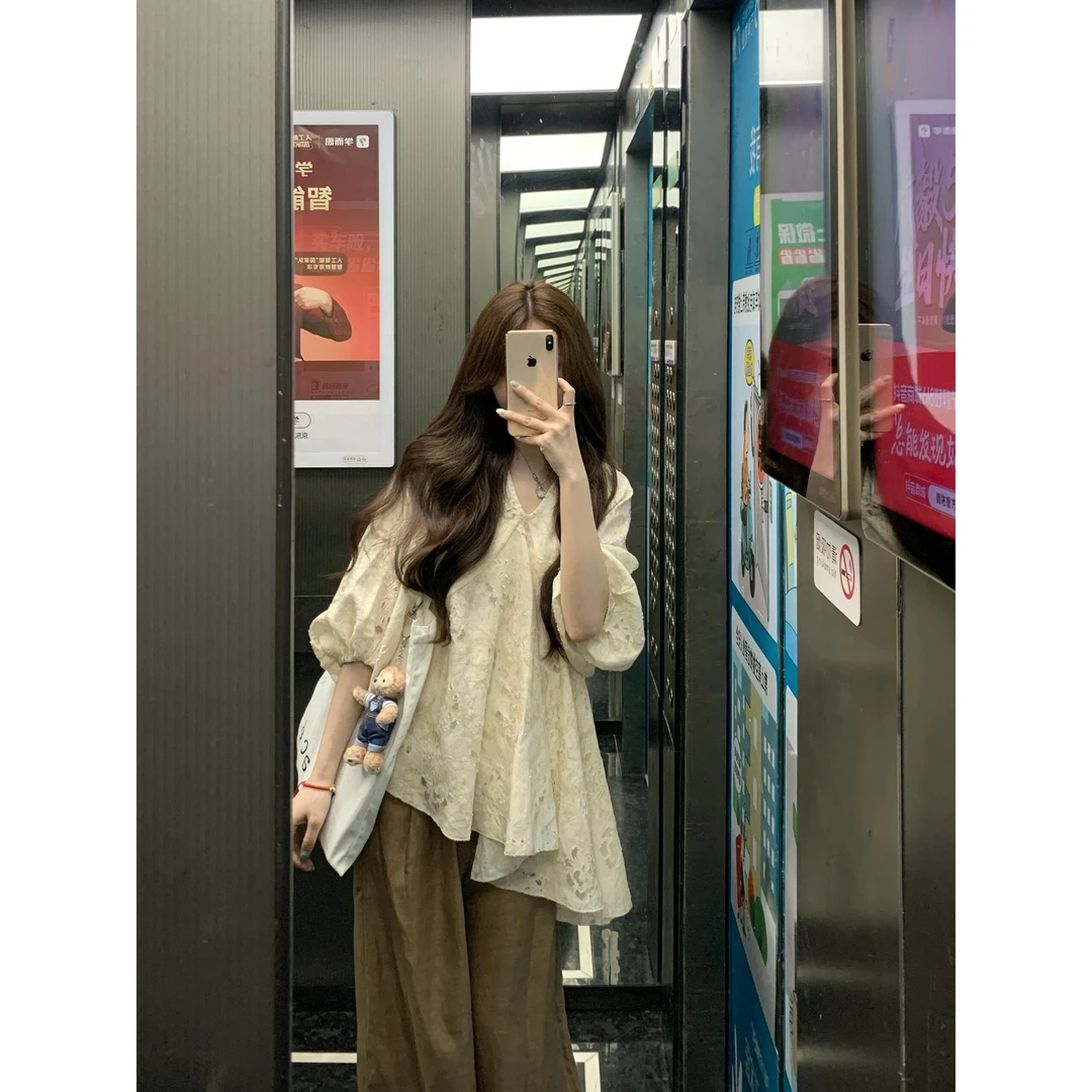 夏季新款韩系时尚气质慵懒风蕾丝镂空长袖上衣显瘦休闲裤两件套装