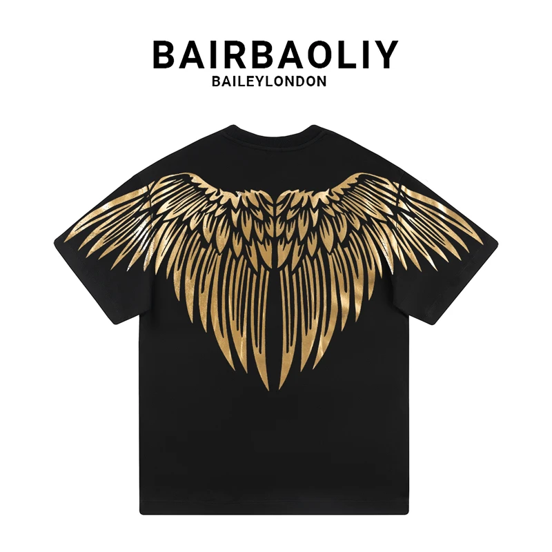 BAIRBAOLIY潮牌高奢重工香槟金色闪耀羽翼大翅膀个性街拍短袖T恤