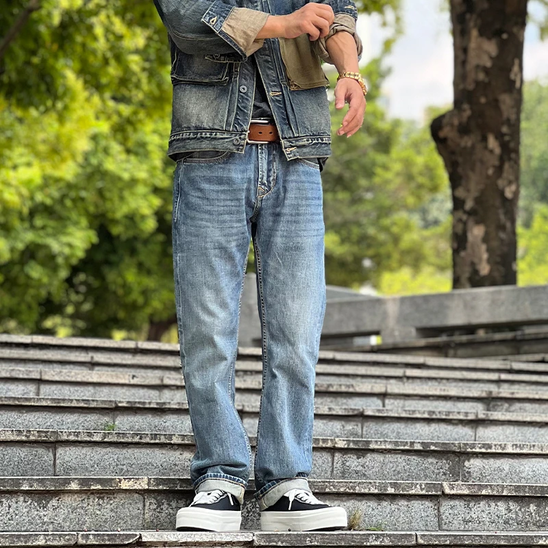 春夏款11盎司赤耳单宁牛仔裤男士宽松直筒100%棉无弹九分裤长裤子