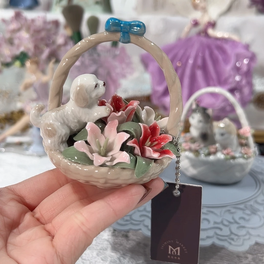 陶瓷0228骨瓷小狗花篮摆件