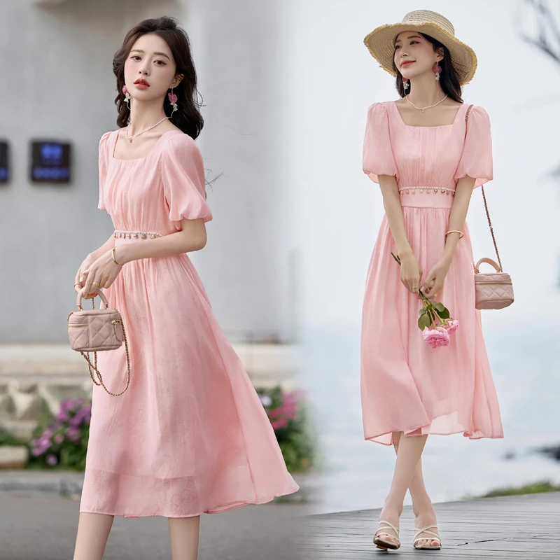 2025韩版收腰短袖中长款雪纺裙设计感方领泡泡袖小众连衣裙女夏装