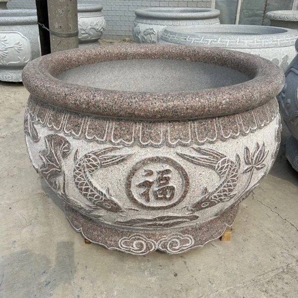 石雕鱼缸花岗岩石缸庭院户外养鱼石头水槽虾红石材圆缸门海水缸