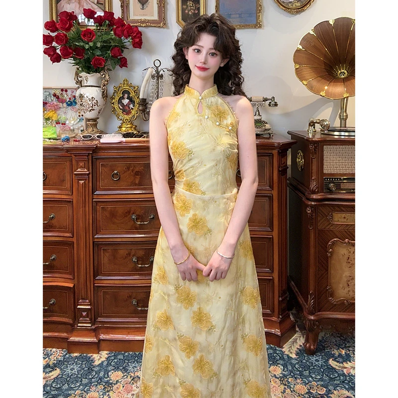 一生罗曼【银杏】新中式国风气质黄色无袖挂脖旗袍连衣裙女L1264