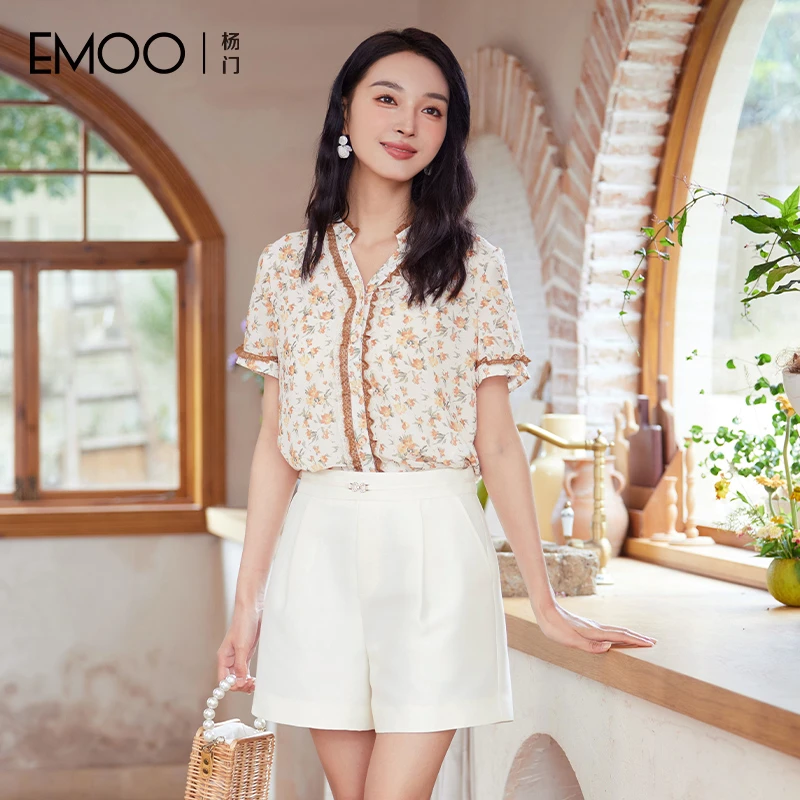 EMOO/杨门半开领衬衫女复古碎花裙夏季衬衫女装雪纺衫E24T026328