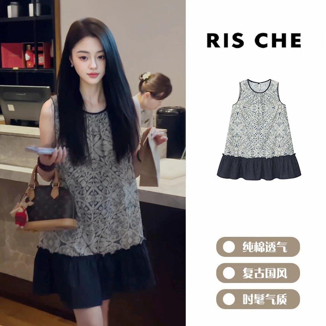 夏季新款气质复古新中式休闲时尚国风青花瓷印花无袖连衣裙女