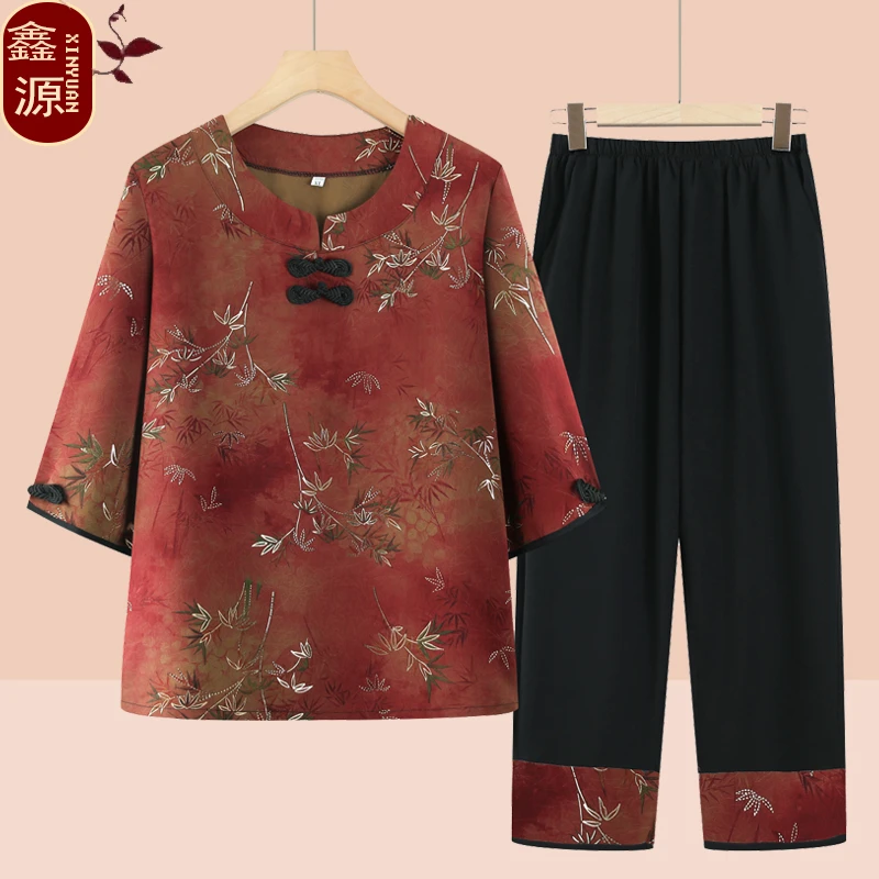 中妈妈装夏装七分袖洋气套装中老年女装气质中袖新中式奶奶装开衫