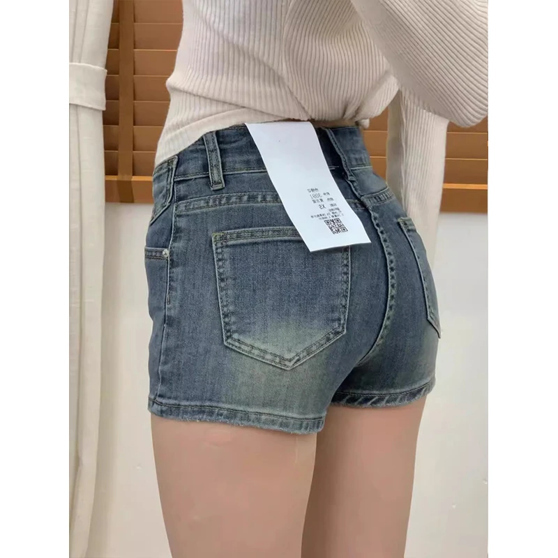 美式辣妹复古蓝牛仔短裤女夏季新款设计感高腰弹力小个子a字热裤