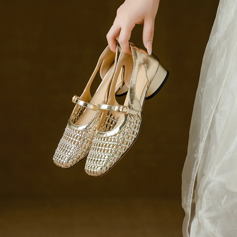 牛皮/3cm跟高/2025新款编织透气气质镂空女鞋粗跟时尚薄款单鞋901