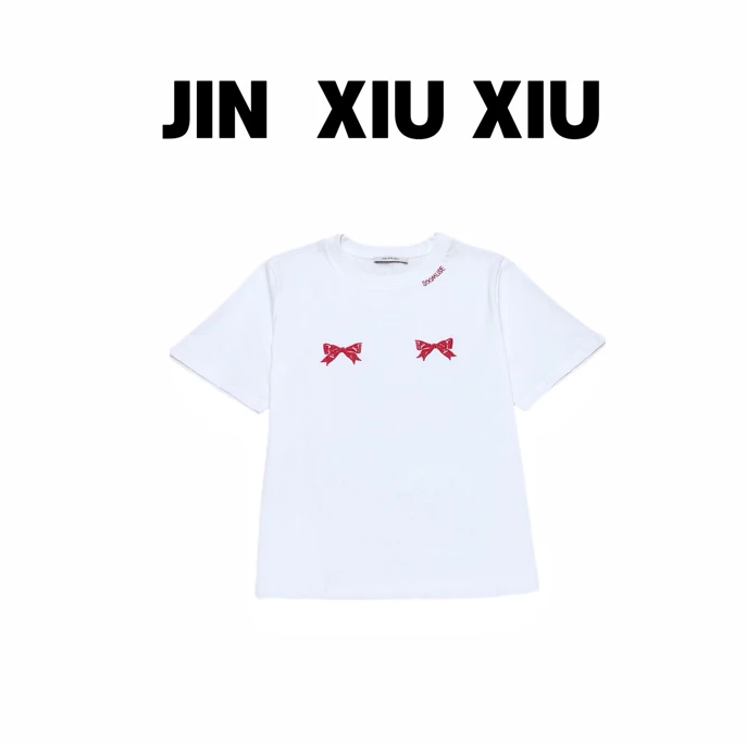 JINXIUXIU夏季新款刺绣字母蝴蝶结图案韩系甜美纯色短袖T恤805