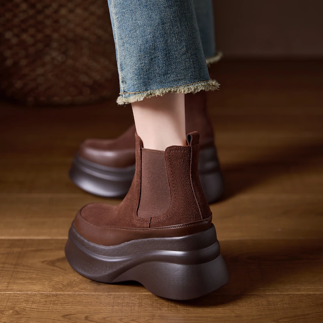 AACCK女鞋9cm小个子厚底增高短靴松糕底马丁靴真皮切尔西靴烟筒靴