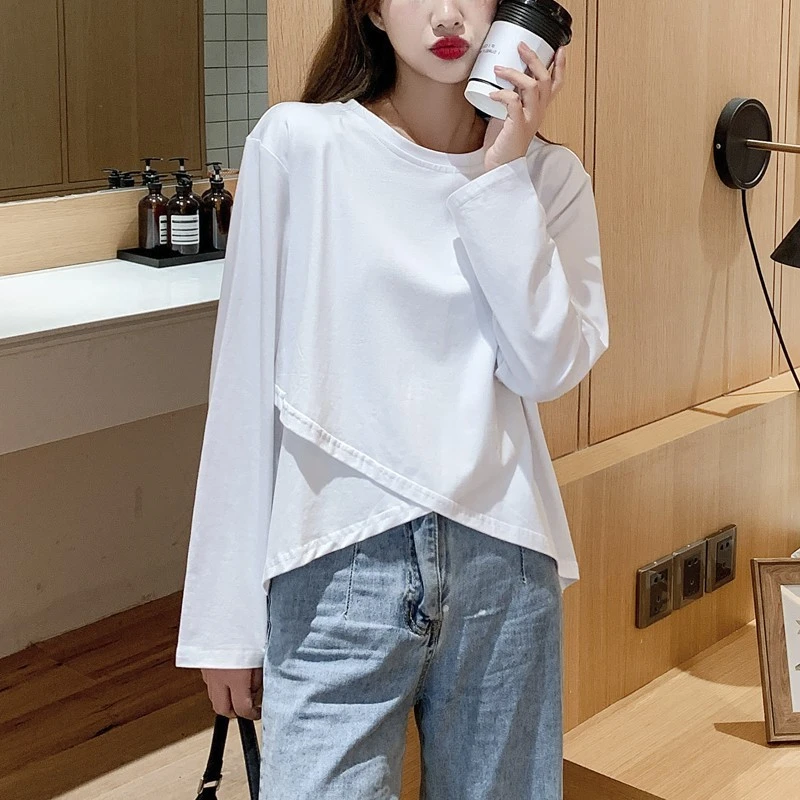 白色棉长袖T恤女ins超火宽松春秋内搭小众基础百搭显瘦打底衫潮