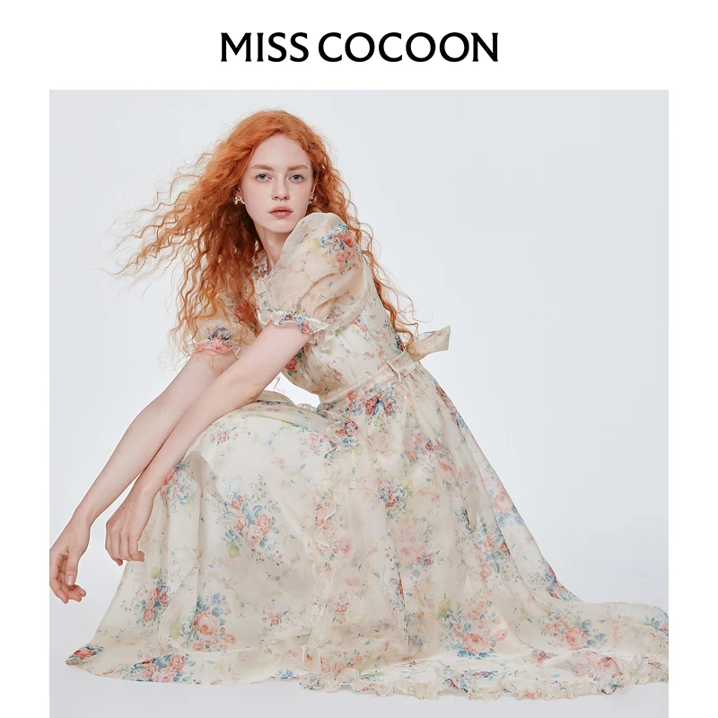MISSCOCOON可可尼碎花连衣裙女2025夏季新款欧根纱蝴蝶结