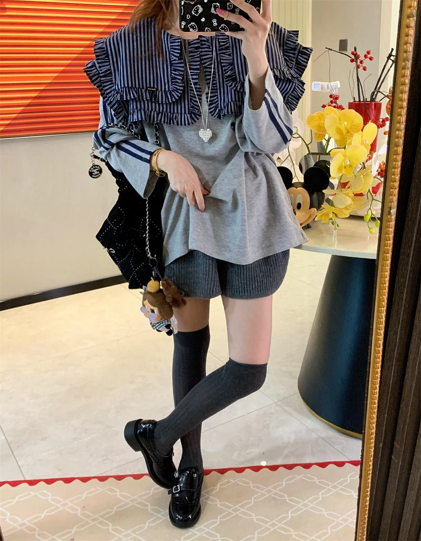 JENNIFER JXLIU韩版 秋冬～大条纹披肩娃娃领拼接灰色宽松百搭卫衣